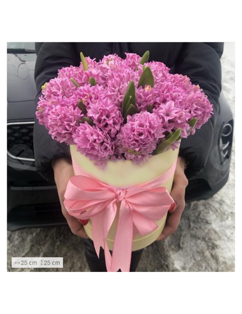 25 pink hyacinths in hat box
