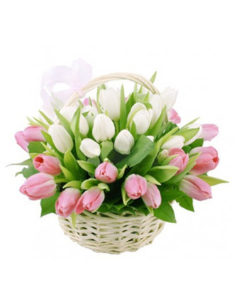 Розово-белая корзина тюльпанов