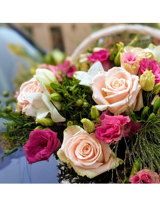 Basket with roses and eustoma "MELANIA"