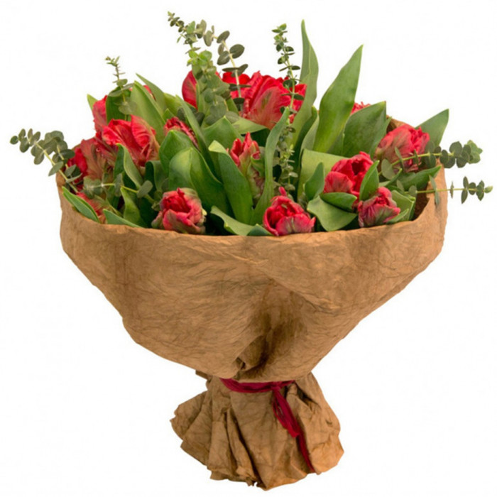 Красные тюльпаны и эвкалипт