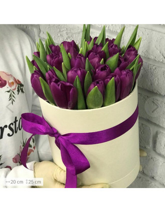 29 purple tulips in a box