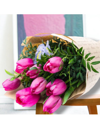 9 Розовых тюльпанов с зеленью