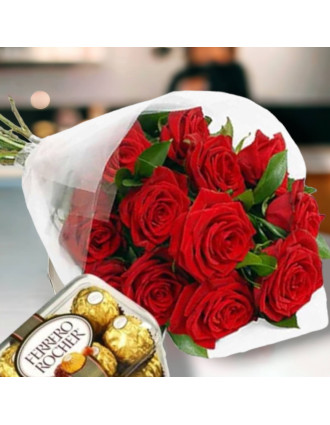 Набор из  красных роз и Ferrero Rocher 200 гр